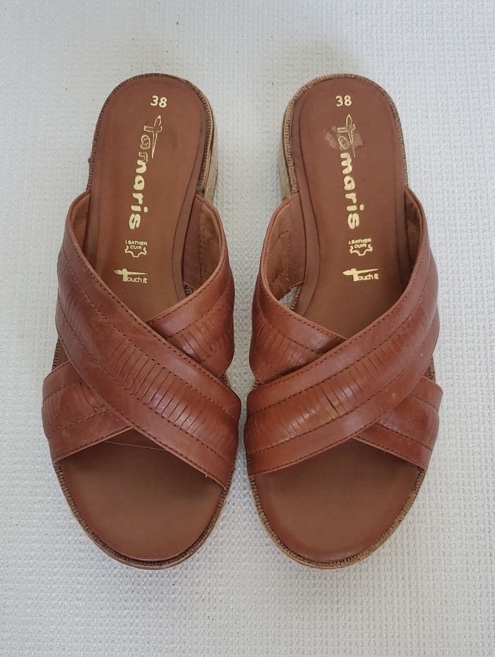 Tamaris Brown Leather Slide Sandals Size 38